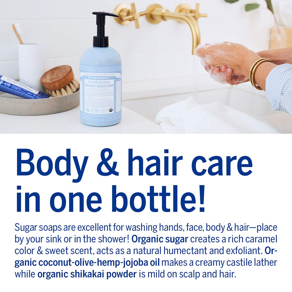 Dr. Bronner’s - Organic Sugar Soap (Baby Unscented, 64 Ounce) - Made with Organic Oils, Sugar and Shikakai Powder, 4-in-1 Use: Hands, Body, Face and Hair, Moisturizes and Nourishes, No Added Fragrance