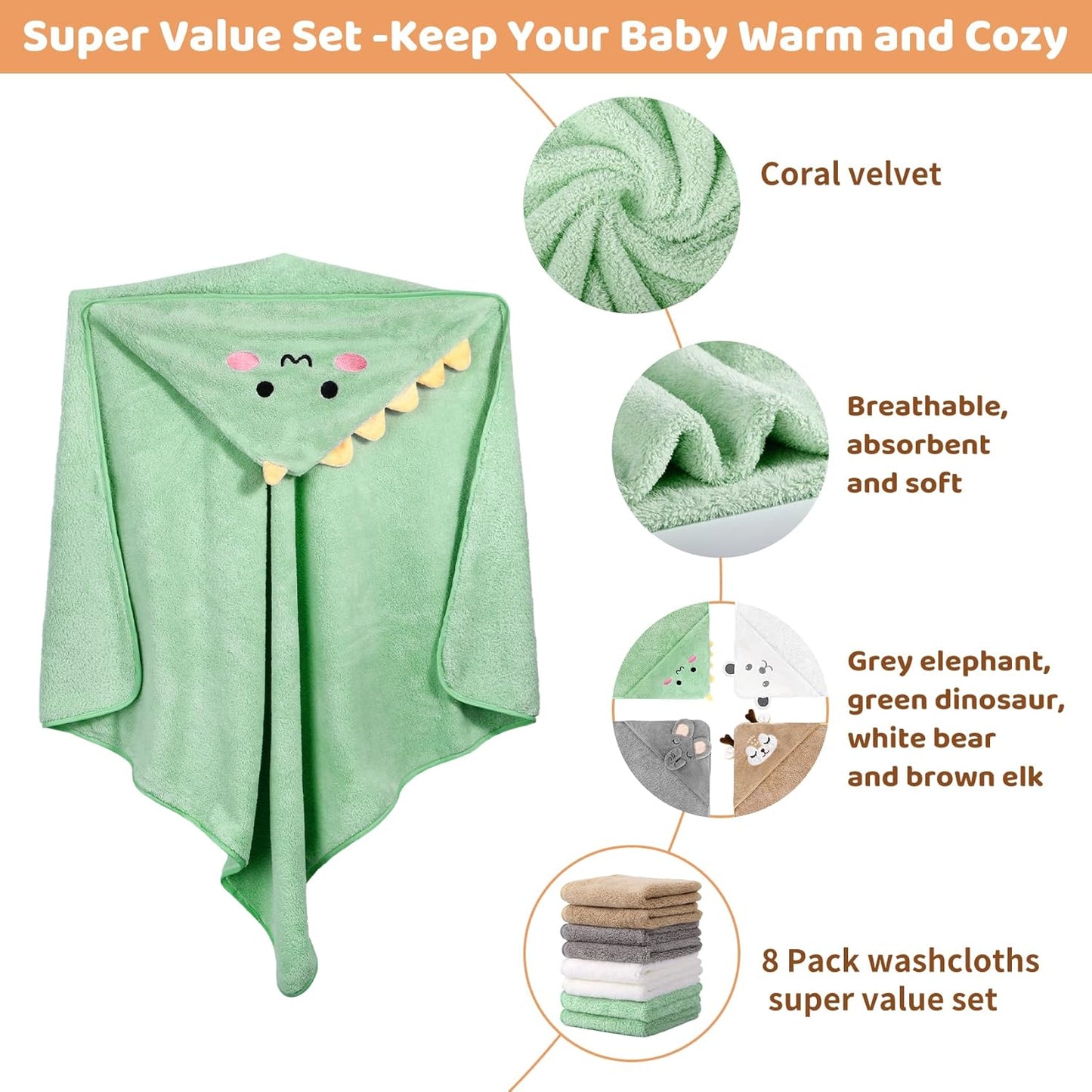 CandyHome 12 PCS Baby Bath Towels Set for Infants Toddlers, 4 PCS Animal Hooded Baby Towels & 8 PCS Washcloths Set, Ultra Absorbent Cute Soft Newborn Essentials Gift for Boys & Girls