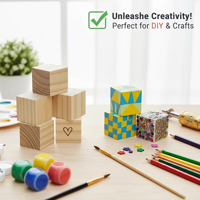 Wooden Blocks for Crafts, Unfinished Wood Cubes, 1.5 Inch Natural Wood Blocks