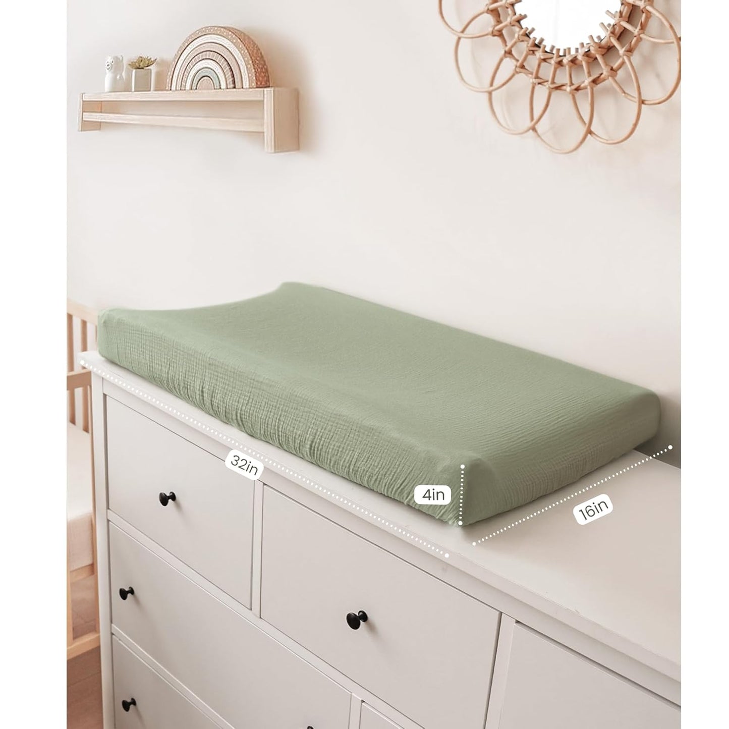 Konssy 2 Pack Muslin Changing Pad Covers for Boys, Ultra Soft & Breathable Cotton Baby Diaper Changing Table Covers, Neutral Nursery Diaper Changing Pad Sheets (Fog Green,Cream)