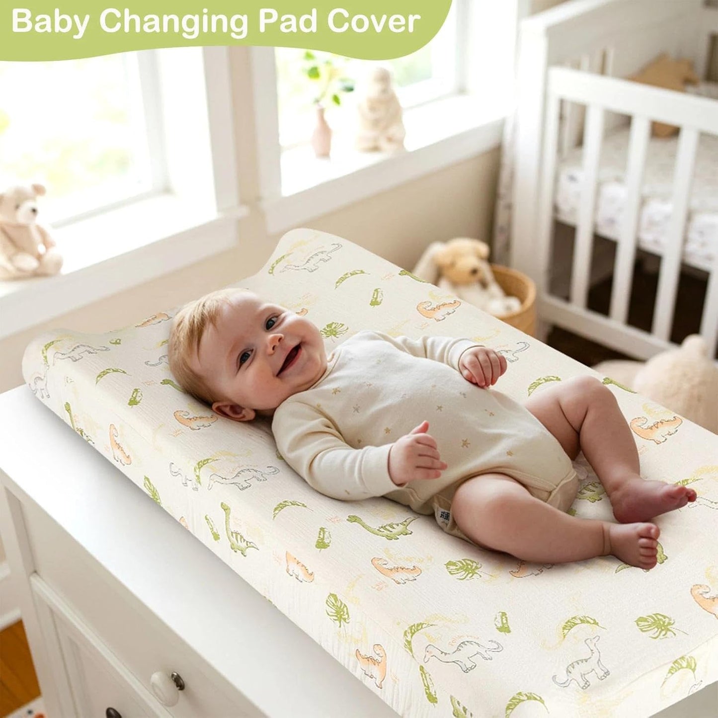 Basumee Muslin Changing Pad Cover Waterproof 2 Pack Baby Changing Table Covers for Boys and Girls Soft Breathable Nursery Diaper Change Table Cover Pad Fits 32"x16", Green