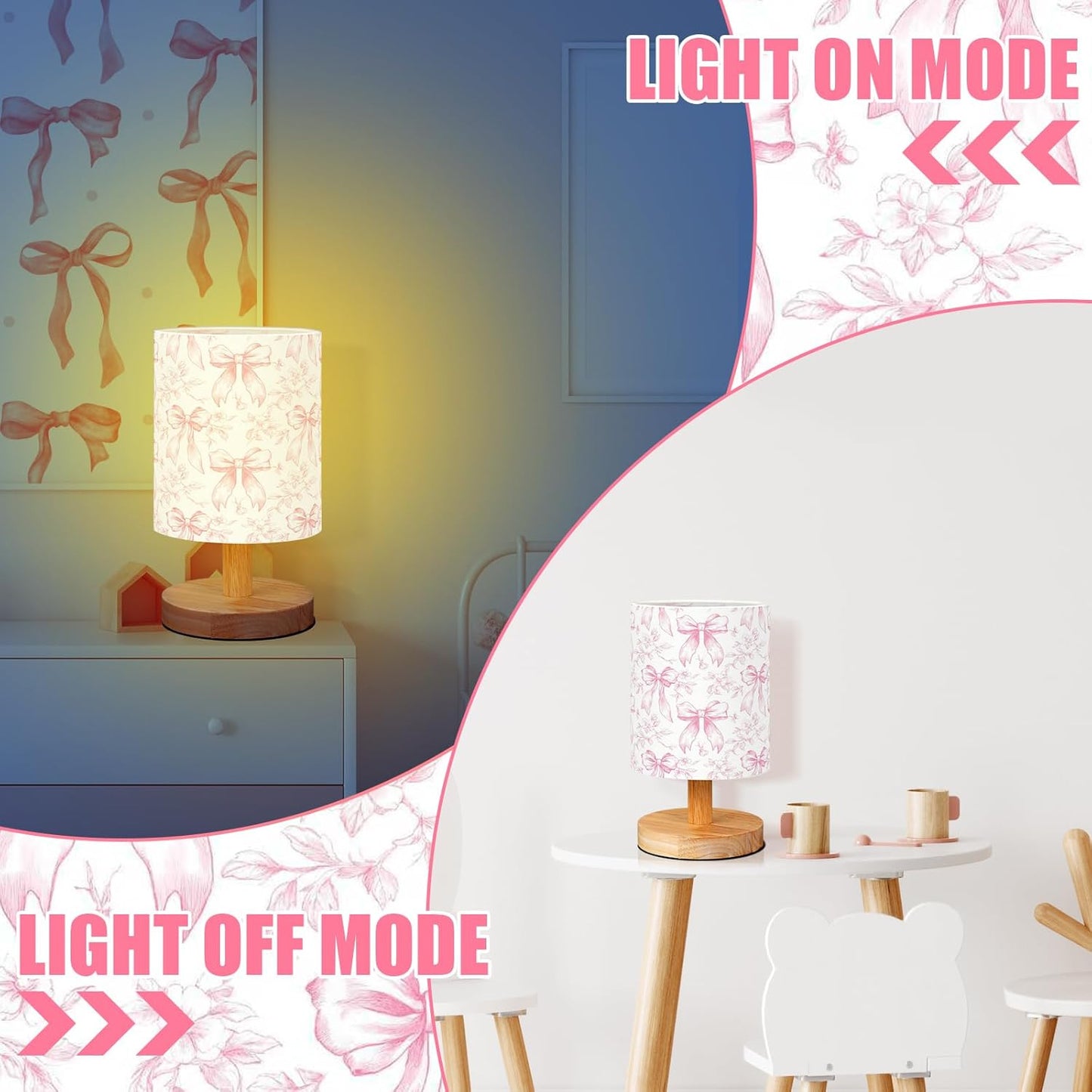 VIHOSE Floral Bow Kids Table Lamp for Bedroom Kids Bedside Lamp with Linen Wooden Nightstand Cartoon Nursery Lampshade for Girls Boys Living Room
