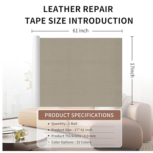 Leather Repair Patch Tape, Medium Grey Beige 17 x 61 Inches Self Adhesive