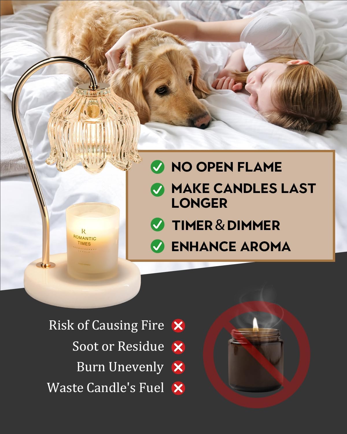 Candle Warmer Lamp with Timer & Dimmable, Adjustable Height Christmas Candle Warming Lamp Gift, Birthday Gifts for Women Mom, House Warming Gifts New Home Marble Base Wax Melt Warmer for Jar Candles
