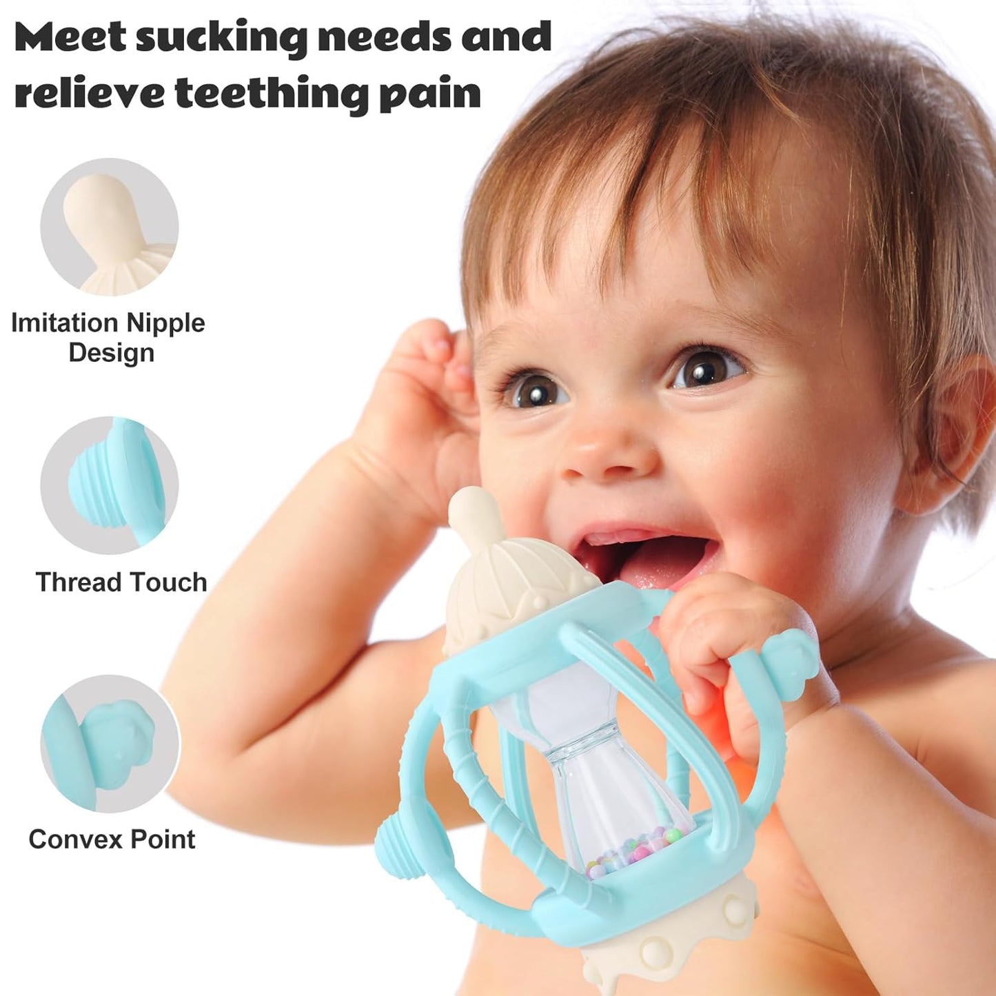 Socub Baby Rattle Teether Toys for 0-12 Months, 2-in-1 Sensory Hand Grasp Shaker with Soft Silicone Teething Ball & Pacifier, BPA Free Chew Toy for 6-12 Months, Newborn Gift for Boys and Girls (Blue)