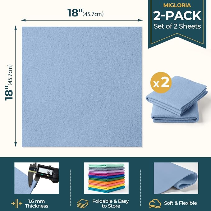 Felt Fabric Sheet 18 x 18 Inch, 1.6mm Thick | Soft and Flexible Nonwoven