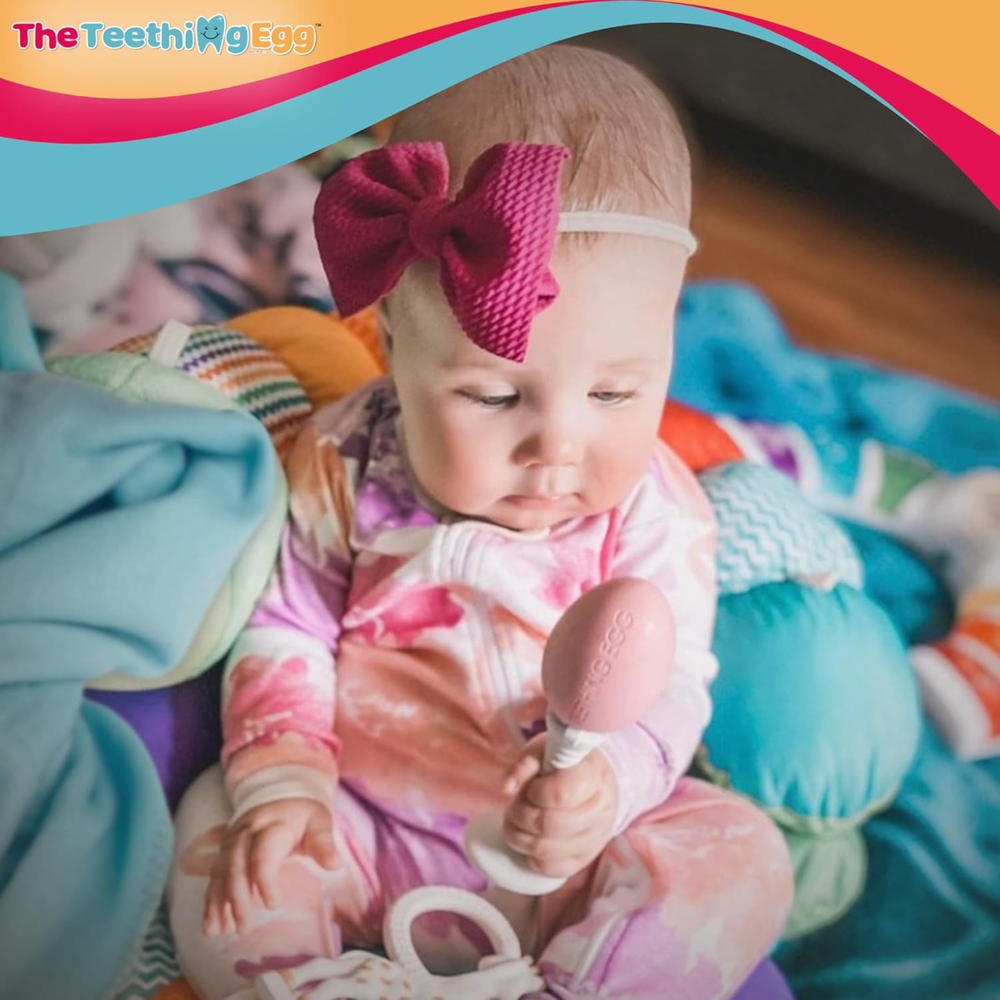 The Teething Egg and Grippie Stick - Baby Development Teething Toys 3, 4, 6, 12 Up to 18 Months Old Boy or Girl, Sensory Toys, A Baby Registry Must Have Teether, Pink