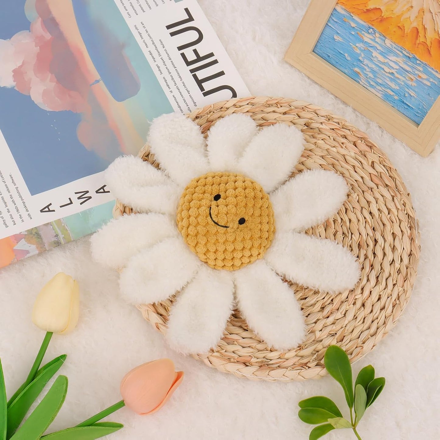Apricot Lamb Baby Lovey Daisy Soft Rattle Toy, Plush Stuffed Flowers for Newborn Soft Over 0 Months (White Daisy)