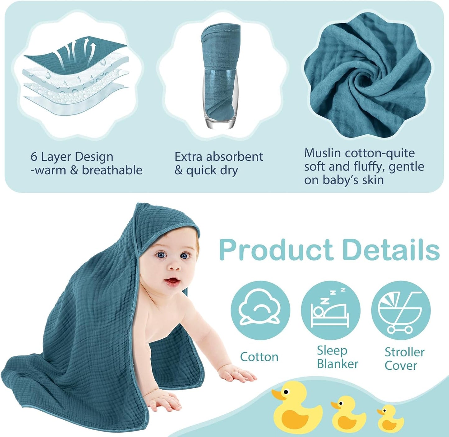 Peryiter 4 Pcs Muslin Hooded Baby Towels, 32"x 32" Cotton Newborn Bath Towel Muslin Infant Baby Blankets Absorbent Unisex Christmas Registry Gift Essentials for Girls Boys (Green Series)