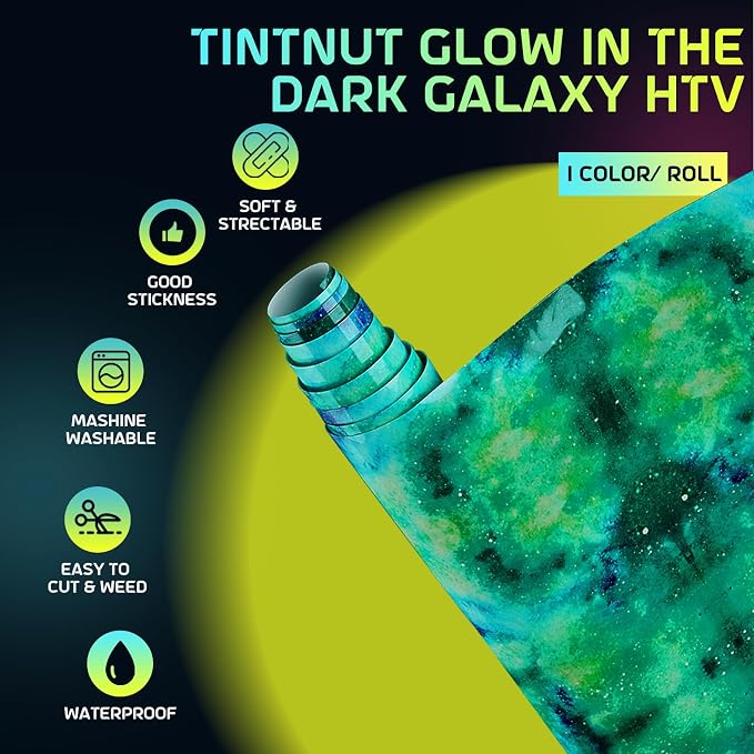 Tintnut Green Galaxy Glow in the Dark HTV Vinyl, stretch washable, suitable
