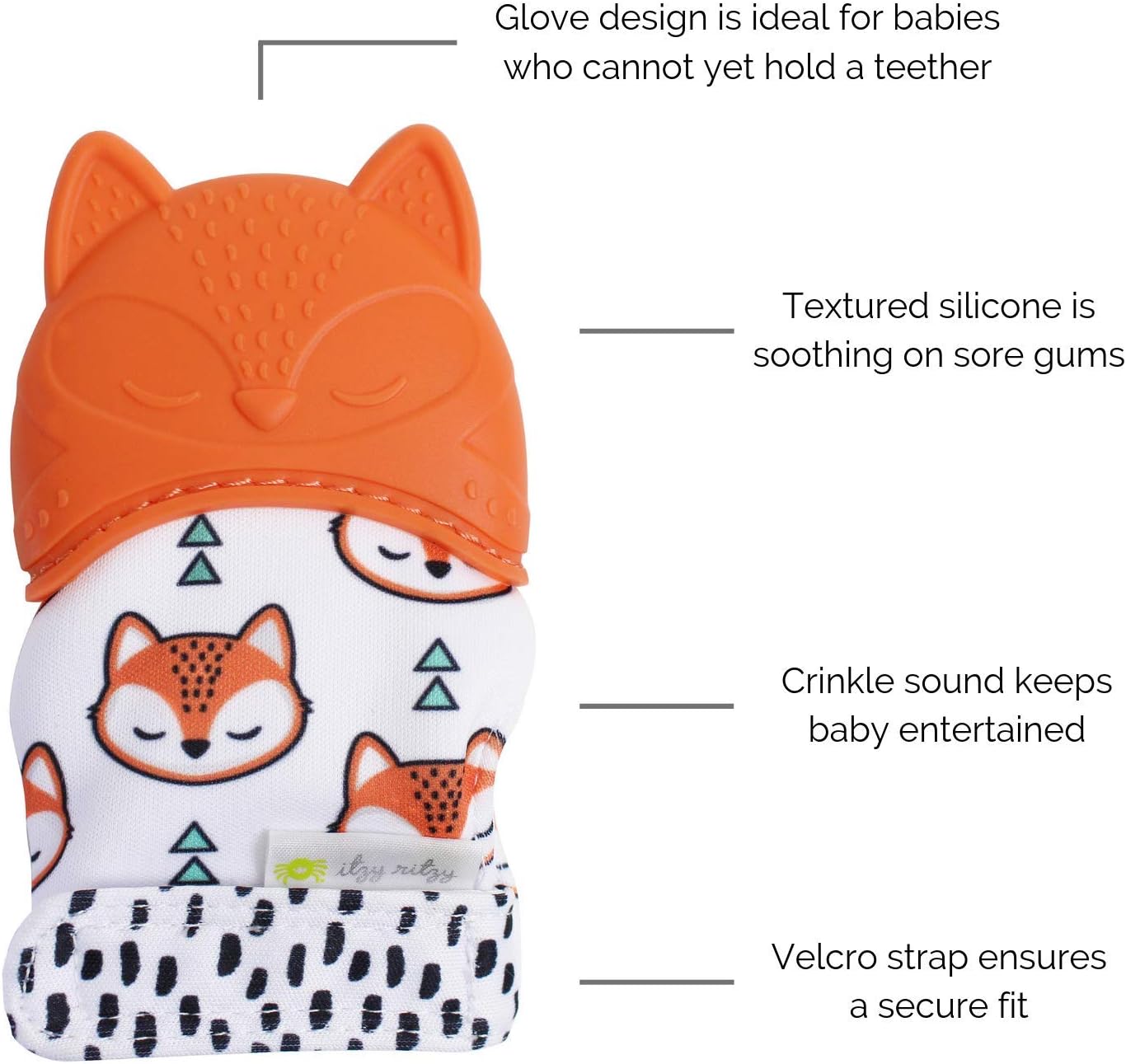 Itzy Ritzy Silicone Teething Mitt - Soothing Infant Teething Mitten with Adjustable Strap, Crinkle Sound & Textured Silicone to Soothe Sore & Swollen Gums - For Ages 3 Months & Up (Fox)
