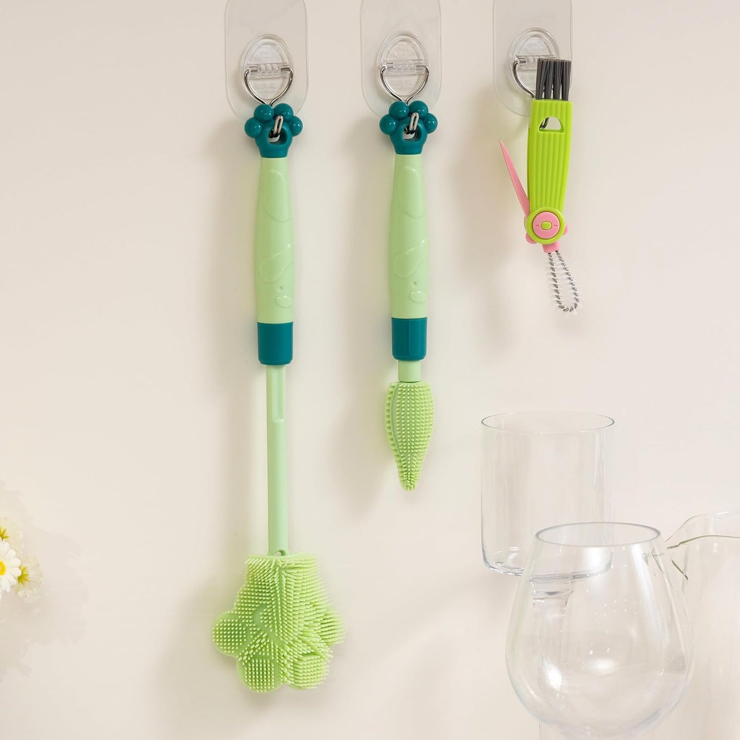 Chemimoso Adjustable Handle Length 10.5-13.8in Water Cup Cleaner Bottle Brush, Silicone Baby Bottle Brush, Pot Brush Cleaner, Green