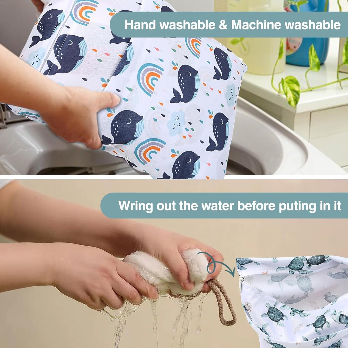 2pcs Cloth Diaper Wet Dry Bags Waterproof Reusable with Two Zippered Pockets Travel Beach Pool Daycare Soiled Baby Items Yoga Gym Bag for Swimsuits or Wet Clothes-Dolphin