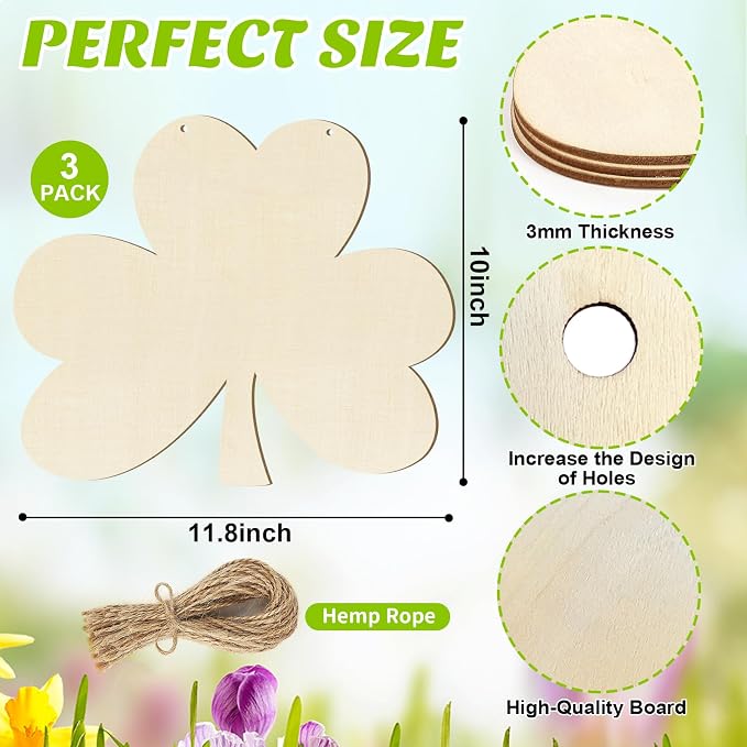 Large Size 12" Wooden Shamrock Ornaments to Paint, St. Patrick's Day Decoration