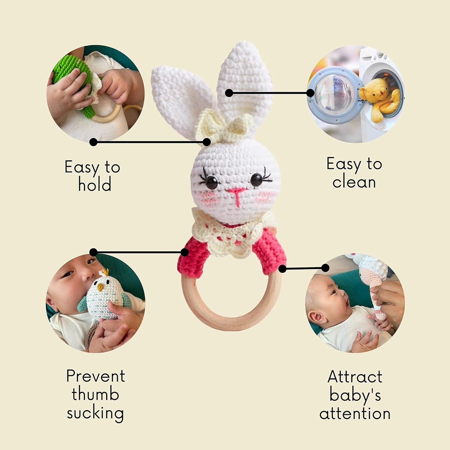 Chippi & Co Crochet Baby Rattle, Crochet Baby Toys, Stuffed Baby Doll, Organic Wooden Newborn Toys, Knitted Stuffed Animals for Babies Boy, Girl, Baby Shower Gifts for New Mom, Dad (Rosie Bunny)