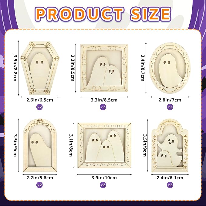 12 Sets Halloween Crafts Kit, Wood Ghost DIY Frames Decoration, Unfinished
