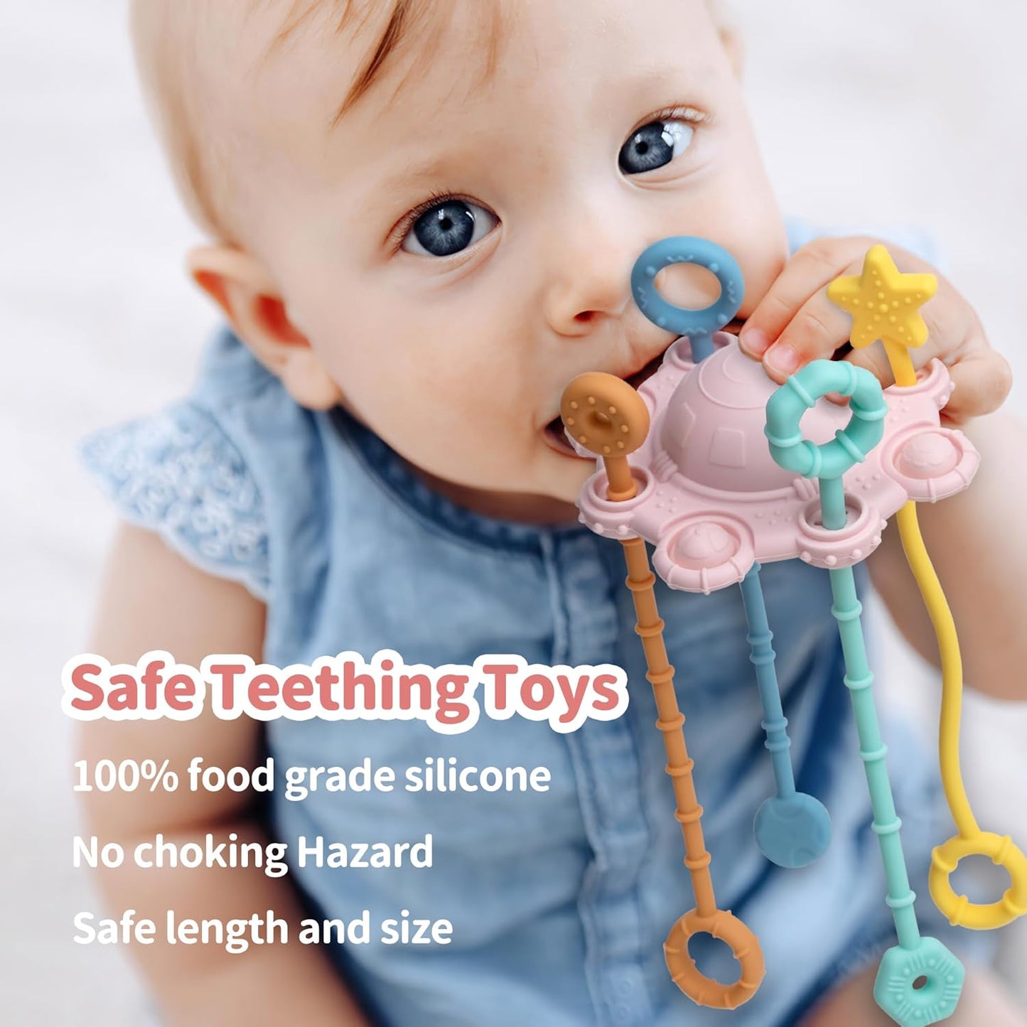 Montesorri-Toys - Pull String Toys for Baby - Made of 100% Food Grade Silicone with Built-in Rattle Function and Easy to Clean Design (Pink)