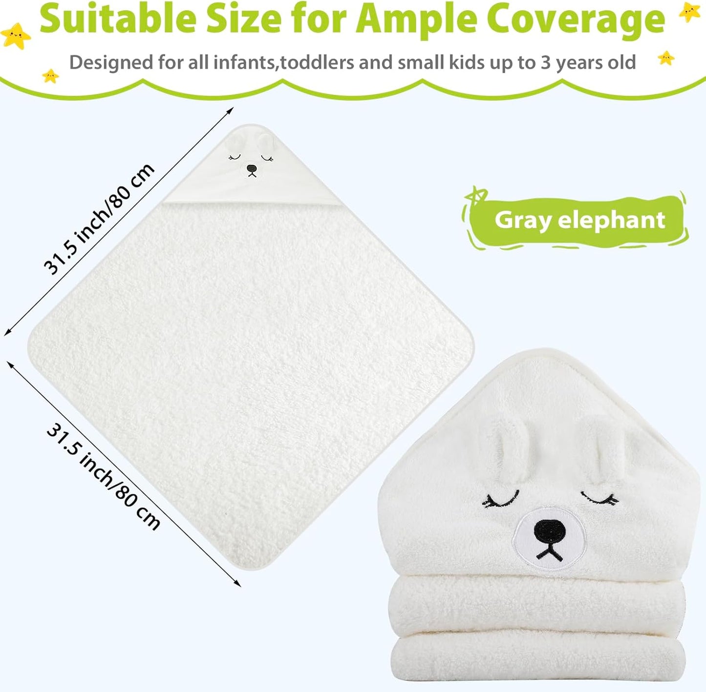 Baby Bath Towel,Ultra Soft Hooded Baby Towel,Toddler Bath Towels with Animal Design,Absorbent Baby Hooded Towel Shower Gifts for Baby Boys Girls,31.5x31.5 inch(White Bear)