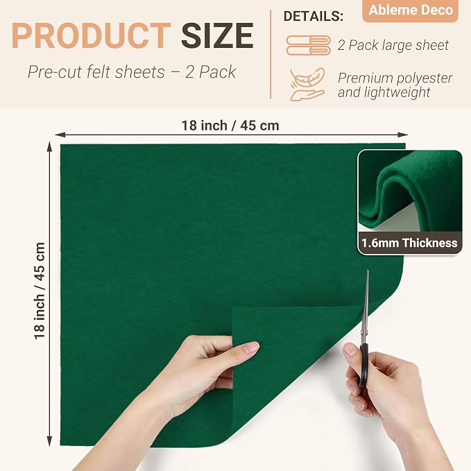 Hunter Green Felt Fabric Sheets 18" x 18" 1.6mm Soft Craft Felt | Soft Precut