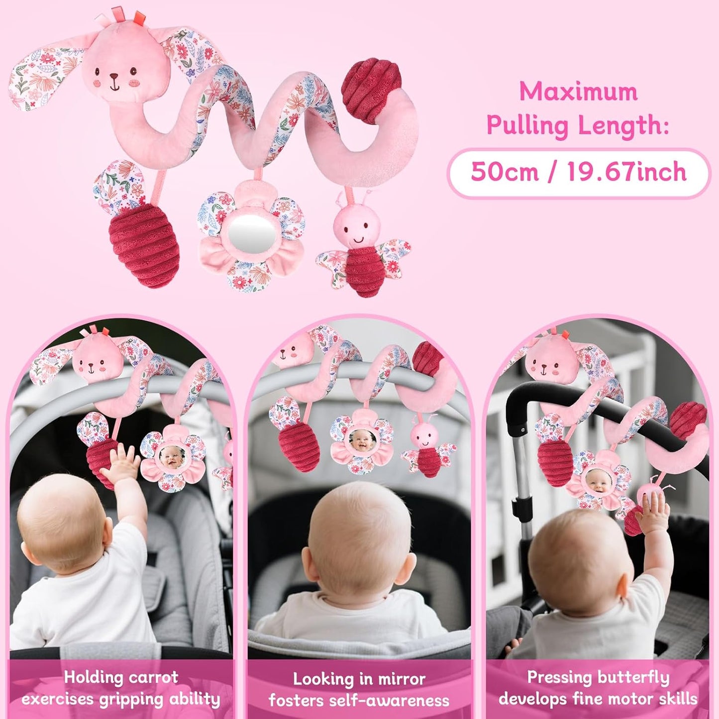 Hanging Car Seat Toys, Spiral Crib & Stroller Activity Toys with Rattles for Babies 0-6 Months, Baby Car Seat Accessories Toy for Developing Sensory & Motor Skills, Gift for Newborn Infant - Rabbit