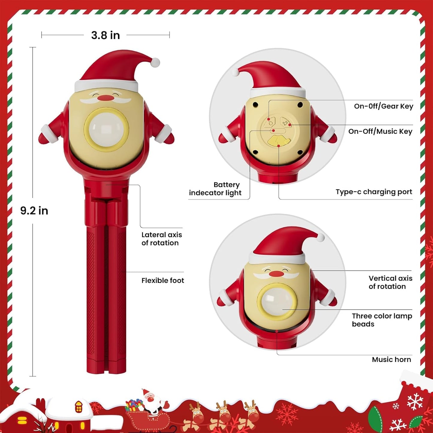 TOLYS Santa Claus Kids Flashlight – Rechargeable LED Torch with 8 Songs, USB-C, Fun Flashlight for Boys & Girls, Perfect for Parties, Camping & Outdoor Adventures