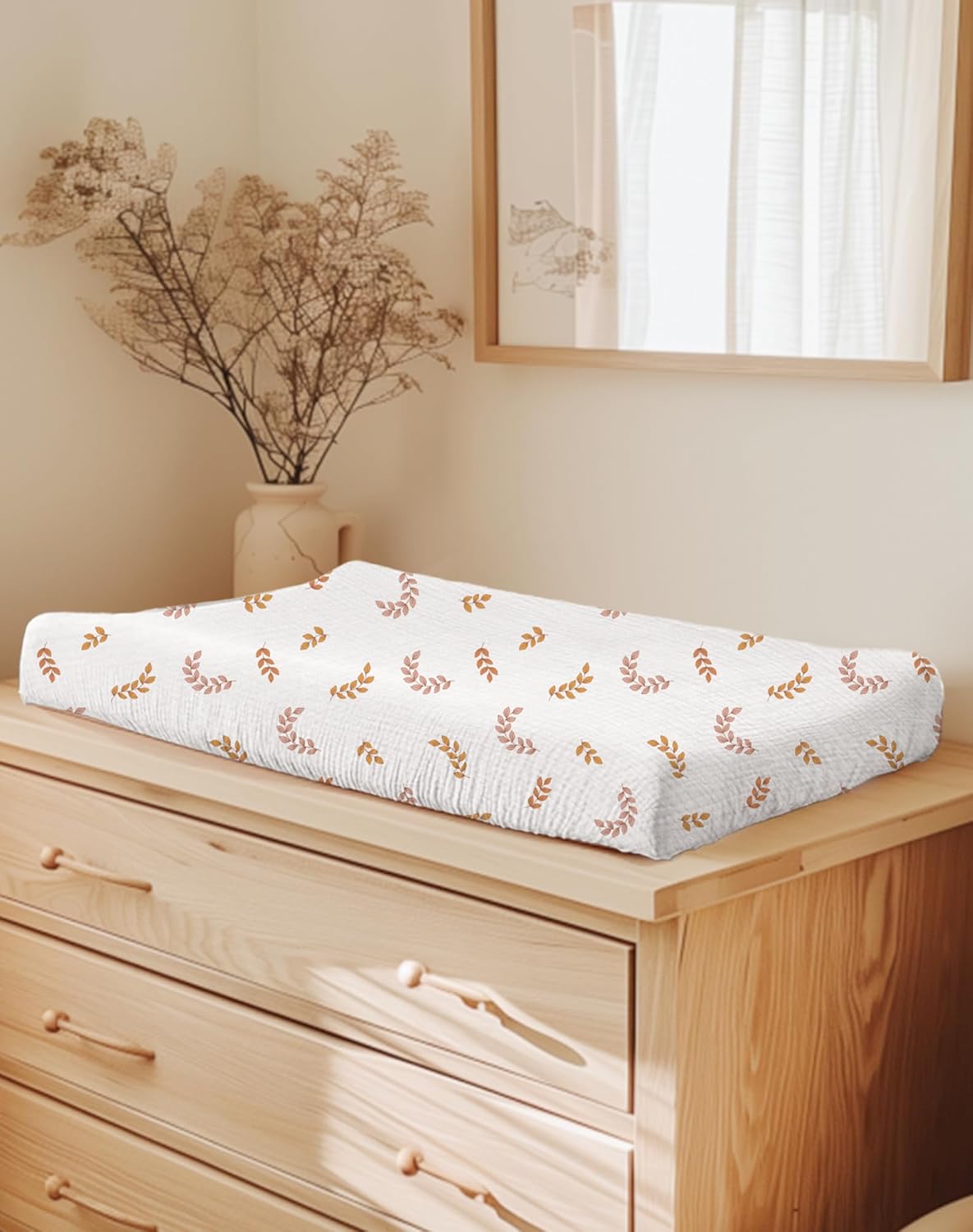 Changing Pad Cover for Baby Boy Girl 2 Pack, Muslin Changing Table Pad Covers with Boho Style, Neutral Nursery Bedding Essentials Soft and Breathable(Brick & Leaf)
