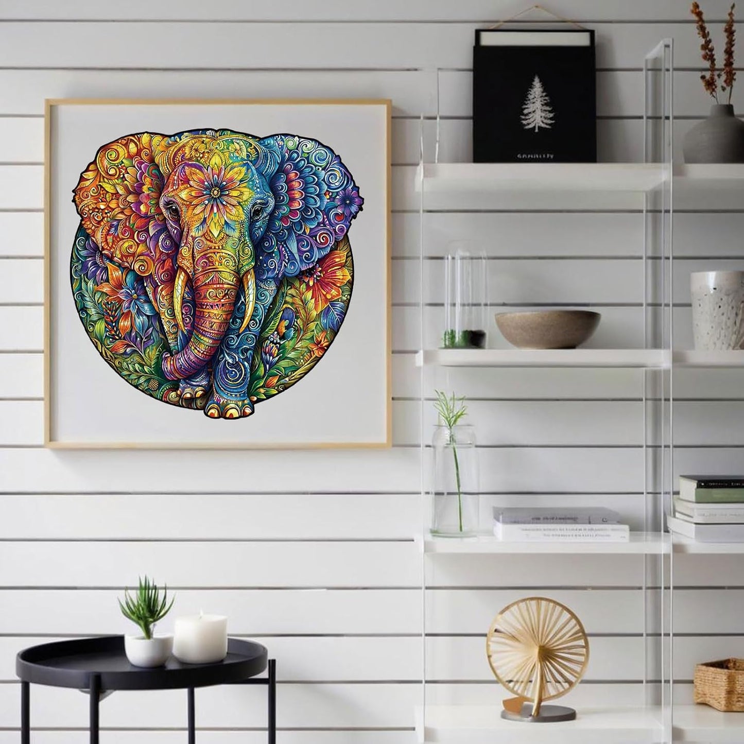 Wooden Jigsaw Puzzle for Adults - Mandala Elephant Unique Animal Shaped, 13.3x13.2in, 300 Pieces, Zen Art, Challenging and Fun Gift
