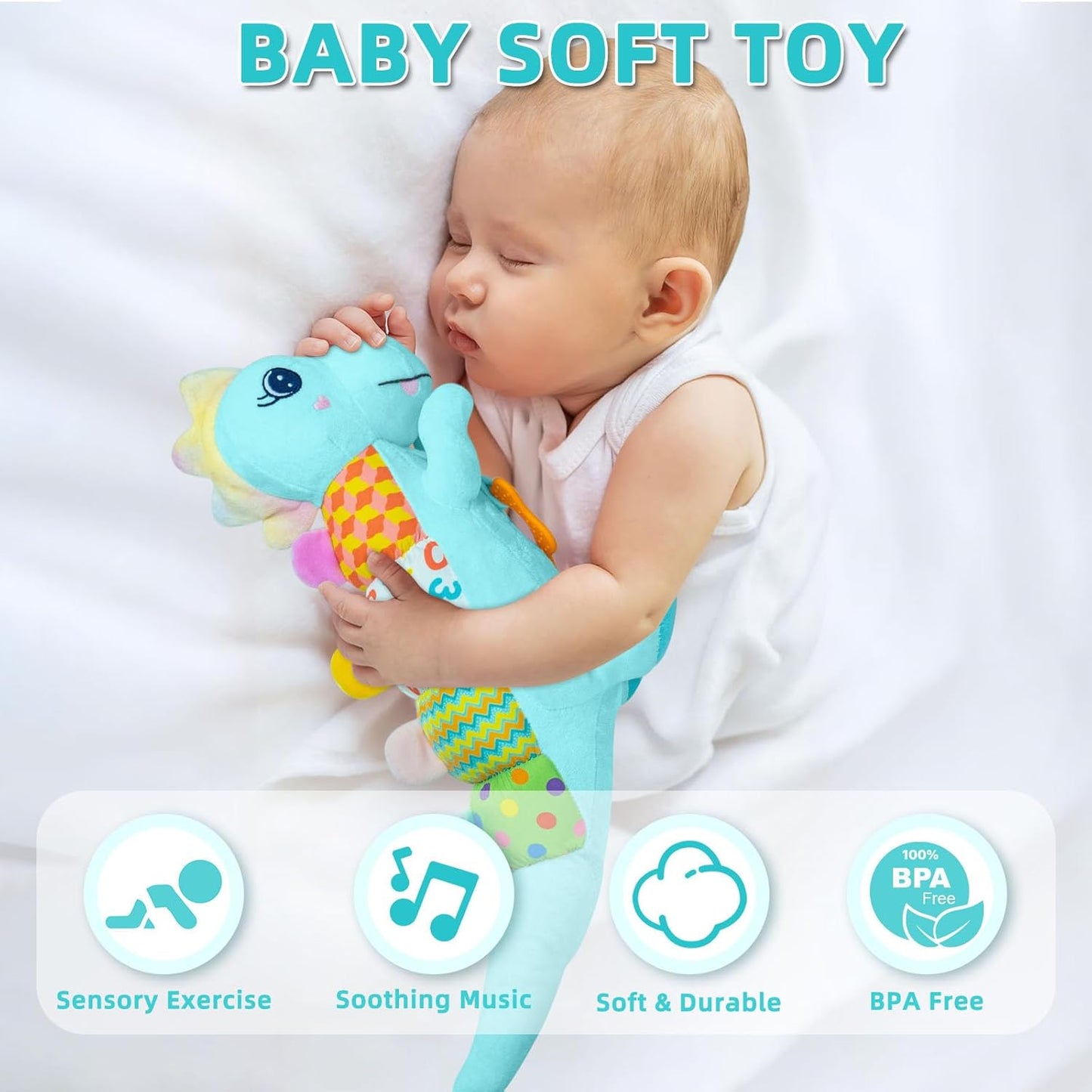 Baby Dino Musical Stuffed Animal Toys for 0-3-6-9-12 Months，Infant Dinosaur Tummy Time Toys with Crinkle Sound Paper,Teether，Textures & Rattles for Newborn Boys Girls Birthday Gifts，Blue