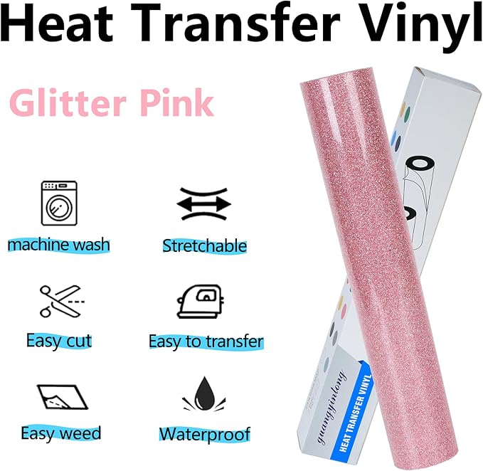 guangyintong Heat Transfer Vinyl Glitter Pink HTV Rolls, Glitter HTV Vinyl