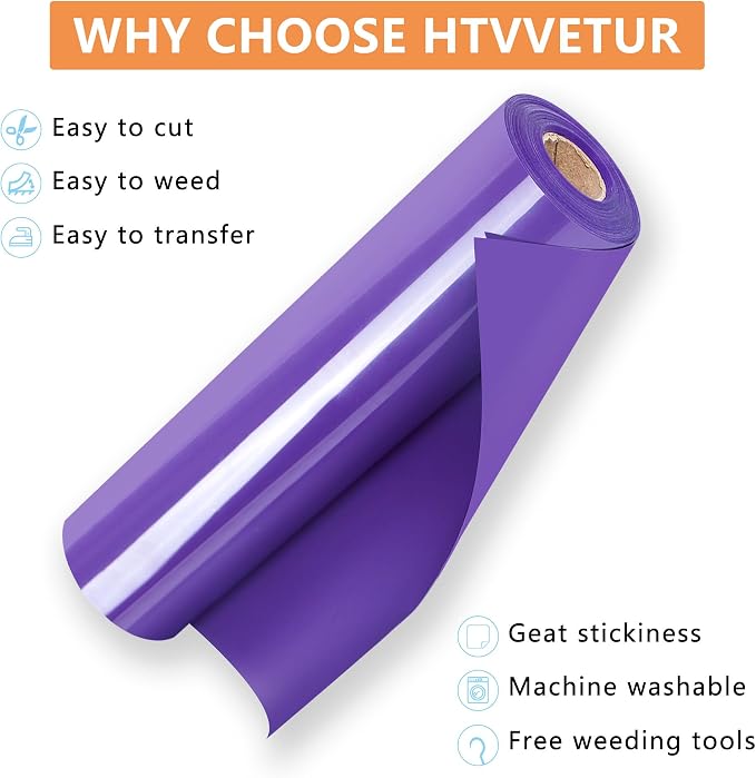 HTVVETUR Purple HTV Iron on Vinyl 12Inch by 35ft Roll HTV Heat Transfer Vinyl