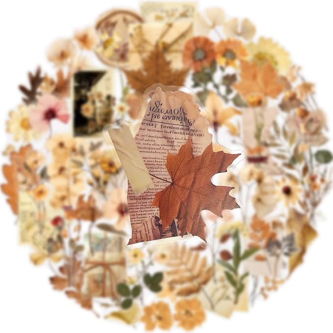 52Pcs Vintage Botanical Scrapbook Stickers Pack, Transparent Fern Leaf Stickers
