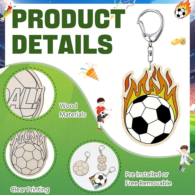 RattanView 24 Pcs Soccer Craft Color Your Own Keychains Diy Craft Wooden Blank