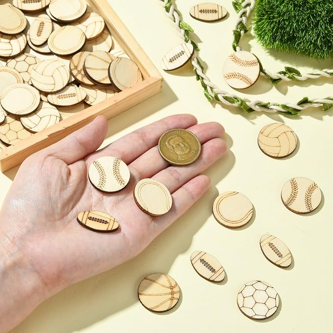 200 pcs Mixed Styles Sport Theme Undyed Wood Cutout Charms Basketball Football