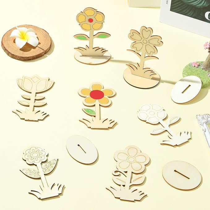 30 pcs 6 Styles Spring Flower Theme Unfinished Wooden Cutout Charms Cute Floral