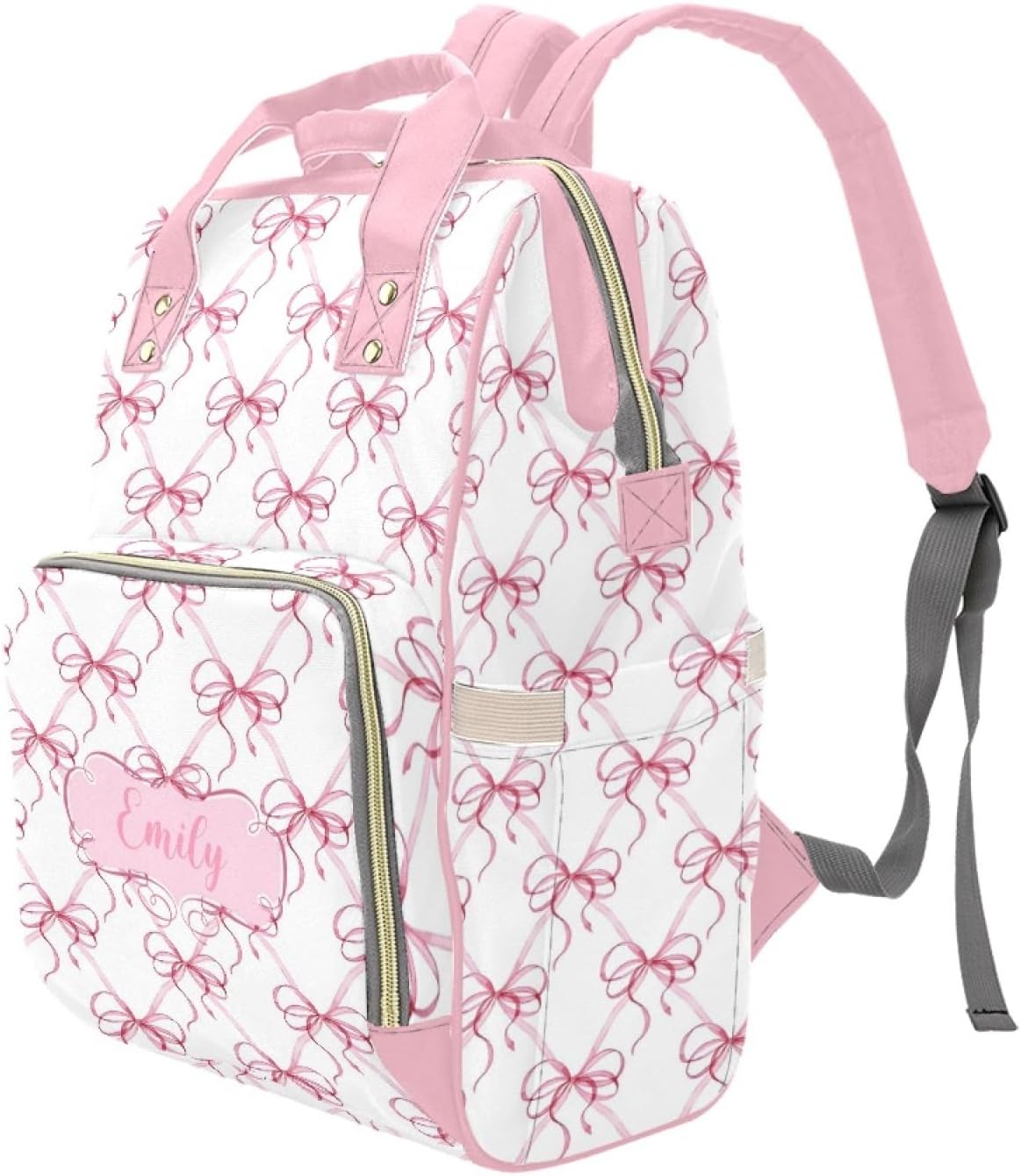 Custom Diaper Bag Backpack for Women, Personalized Name Nursing Mommy Daypack, Pink Bow Diaper Bag for Baby Girls, New Mom Gifts