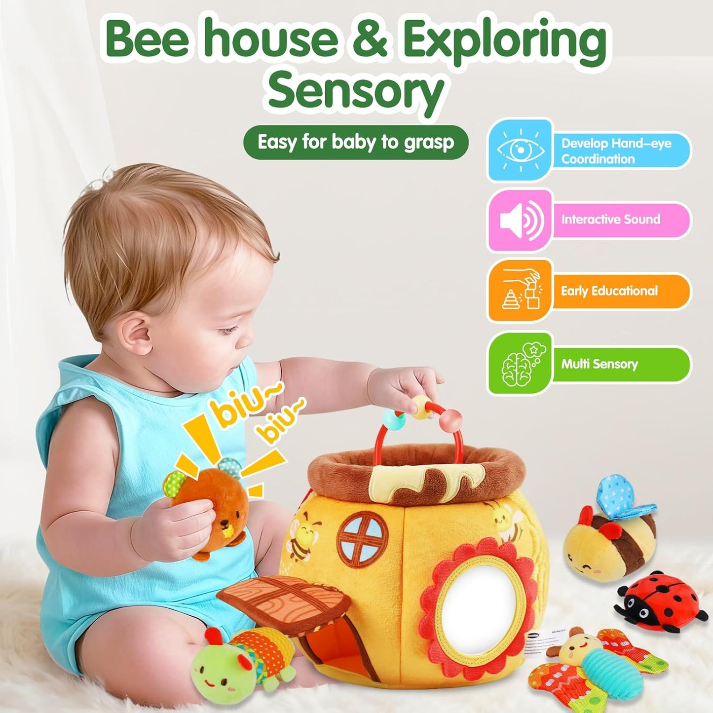 Baby Toys 6-12 Months - Soft Beehive with 5 Stuffed Animals, Rattle, Crinkle, Mirror, Montessori Sensory Toys for Babies 6 7 8 9 10 Months Old Baby Boy Girl Shower Gifts Stocking Stuffers Ages 0-2