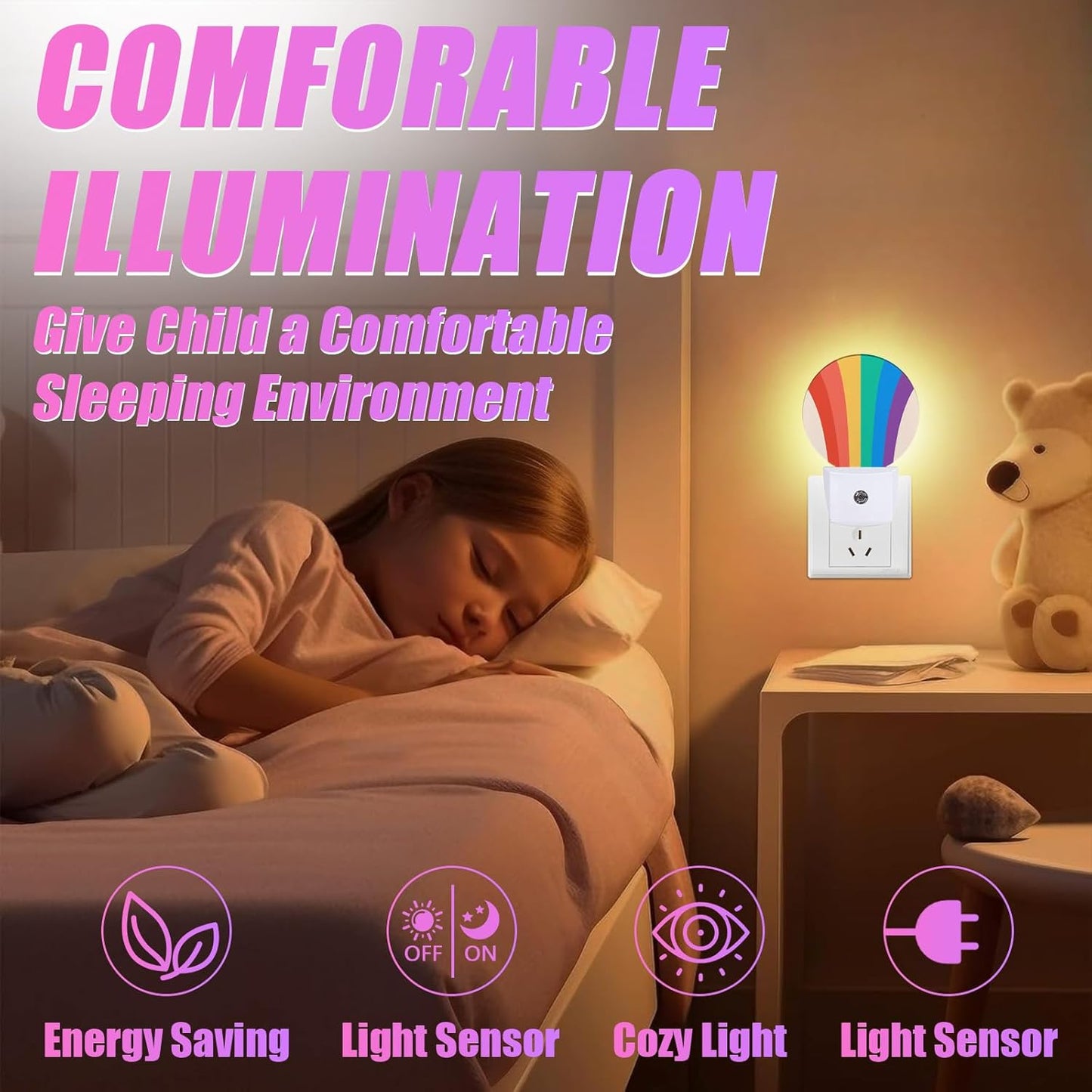 LGBTQ Pride Night Light Colorful Rainbow Night Lights LED Lamp Round Plug into Wall Nightlight with Dusk to Dawn Sensor Home Hallway Stairway Kitchen Decor