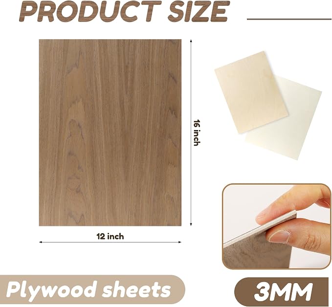 12 Pack Walnut Wood Plywood Sheets, Smooth Surface, Uniform Thickness, No Burrs