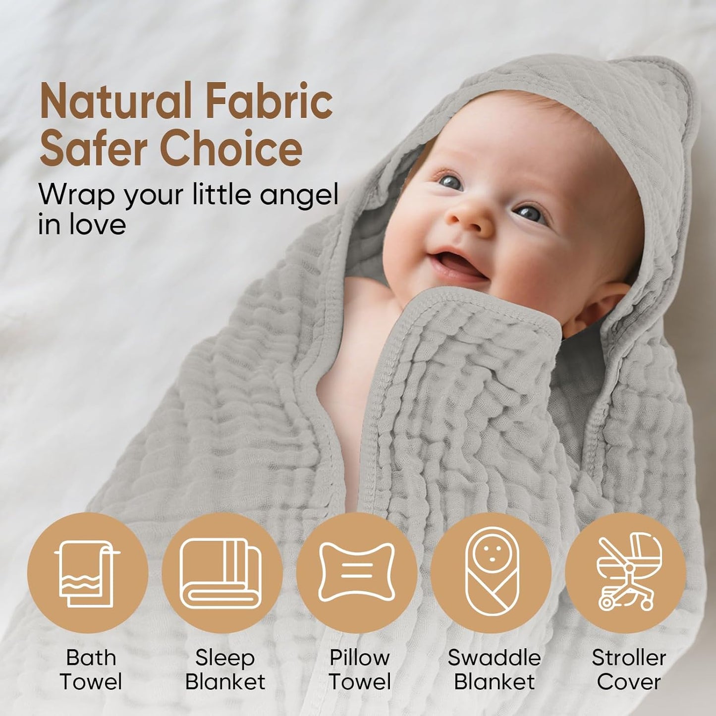 Muslin Hooded Baby Towels 100% Cotton ，Super Soft Muslin Baby Bath Towel - 32 x 32 Inches, Suitable for Newborn and Young Children up to 3 Years Old. (Grey & Green)