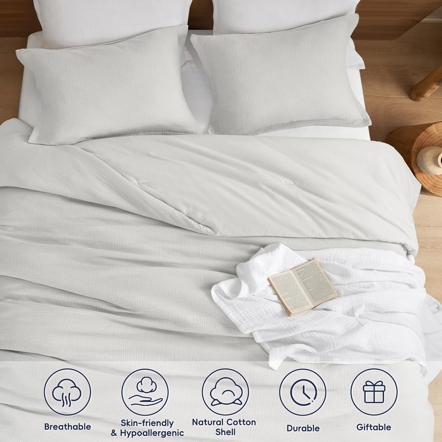 PHF Cotton Muslin Comforter Set King Size – Ultra Soft, Breathable & Lightweight Bedding Set for All Seasons, 3 Pieces - 1 Comfy Comforter 104"x90", 2 Pillow Shams 20"x36", Light Grey