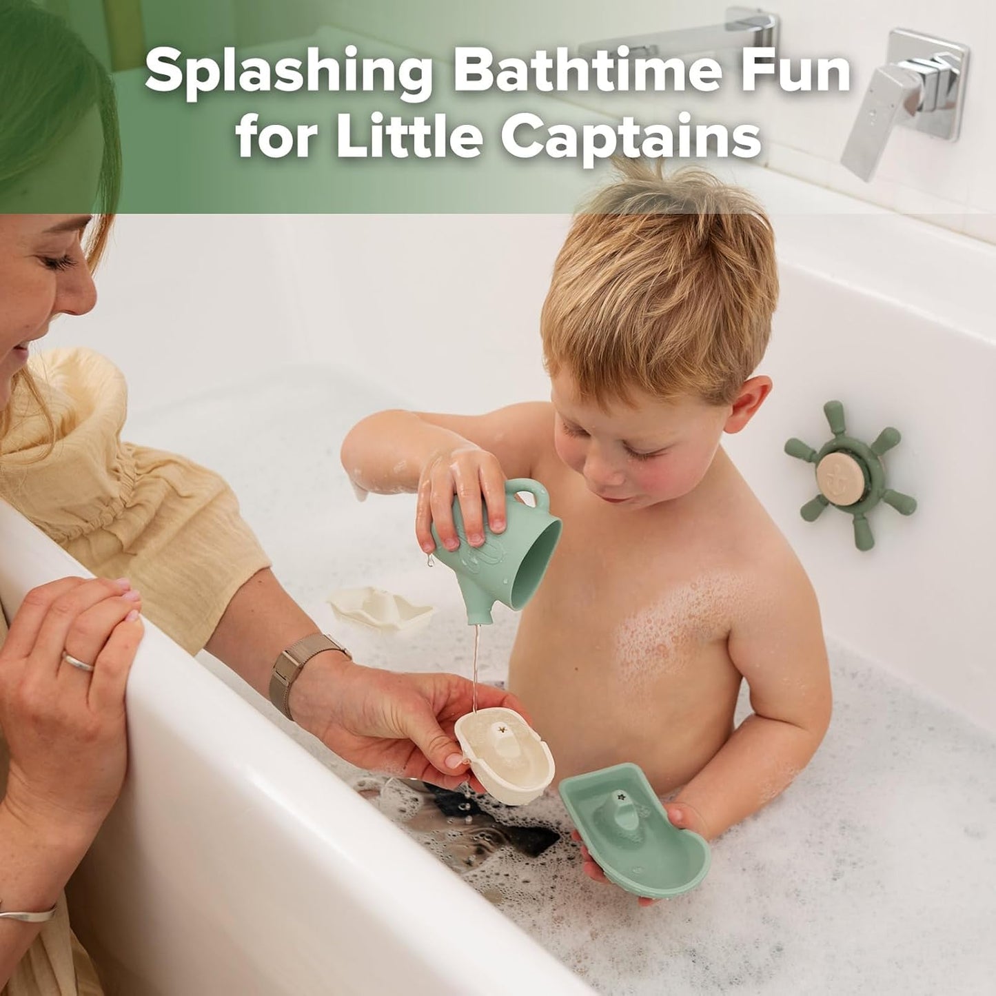 Haakaa Nautical Silicone Baby Bath Toys Set, Food Grade Silicone Bathtub Toys for Toddlers, Mold-Free Stacking Boats & Spinner Toy & Pouring Cup, BPA Free Floating Tub Toys for Baby 6M+