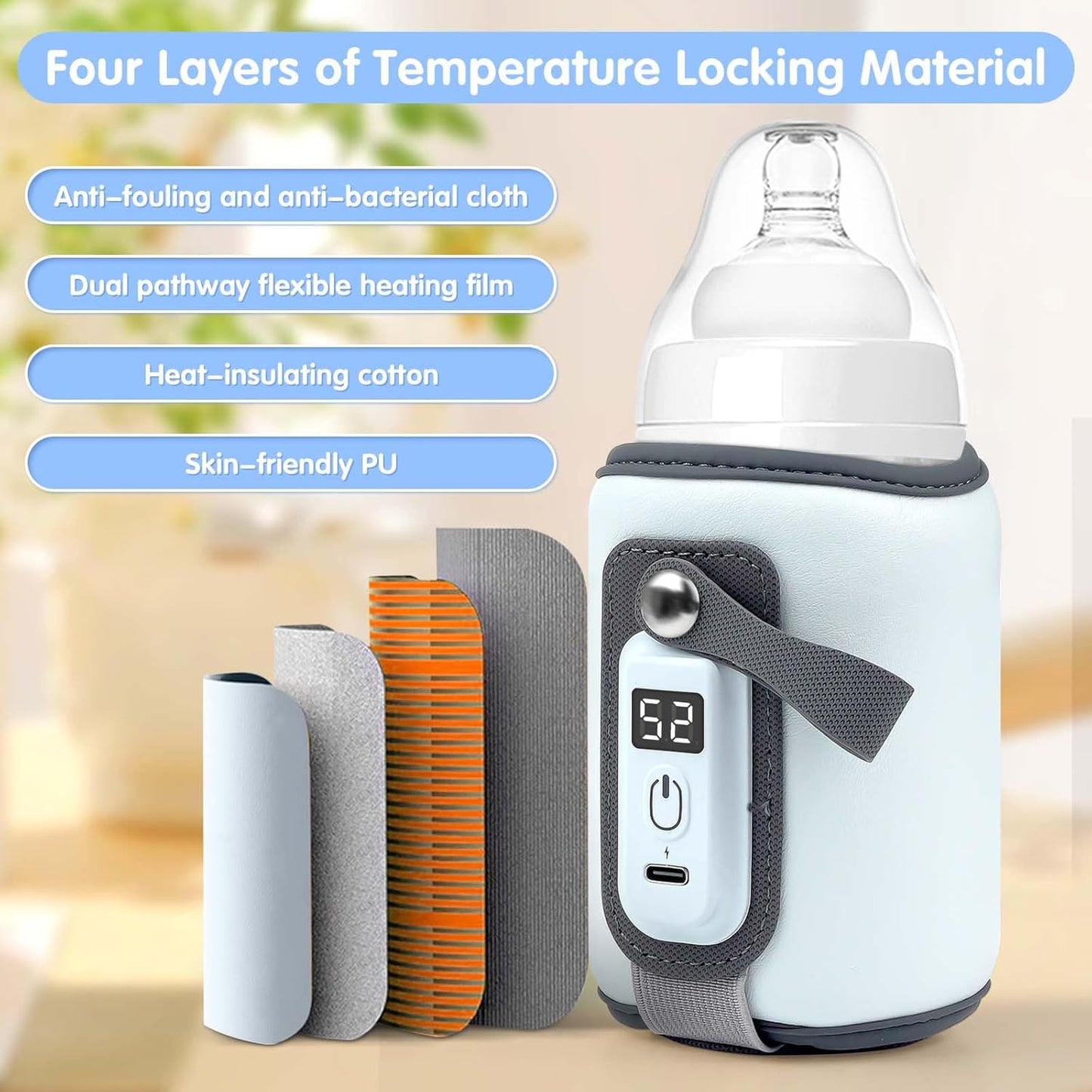 Portable Bottle Warmer, Baby Milk Warmer for All Bottles, Rapid Heating Accurate Temperature Control with LED Display, USB Warmer Bottle Suitable for Home and Outing (Blue)