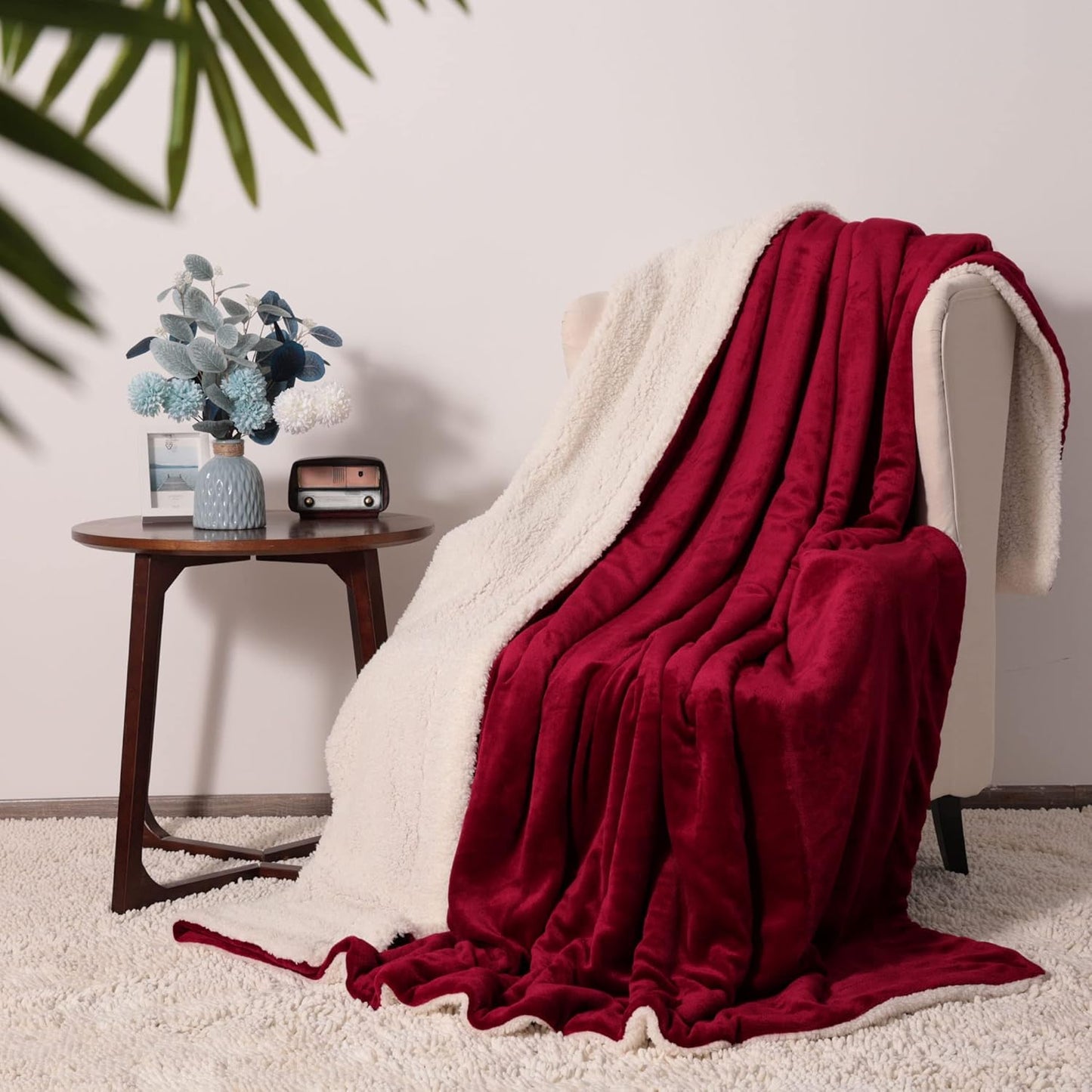 NANPIPER King Size Sherpa Blanket, Soft Fleece Throw for Bed, Reversible Thick Fuzzy Blanket for Winter (Wine Red, 90x108 inches)