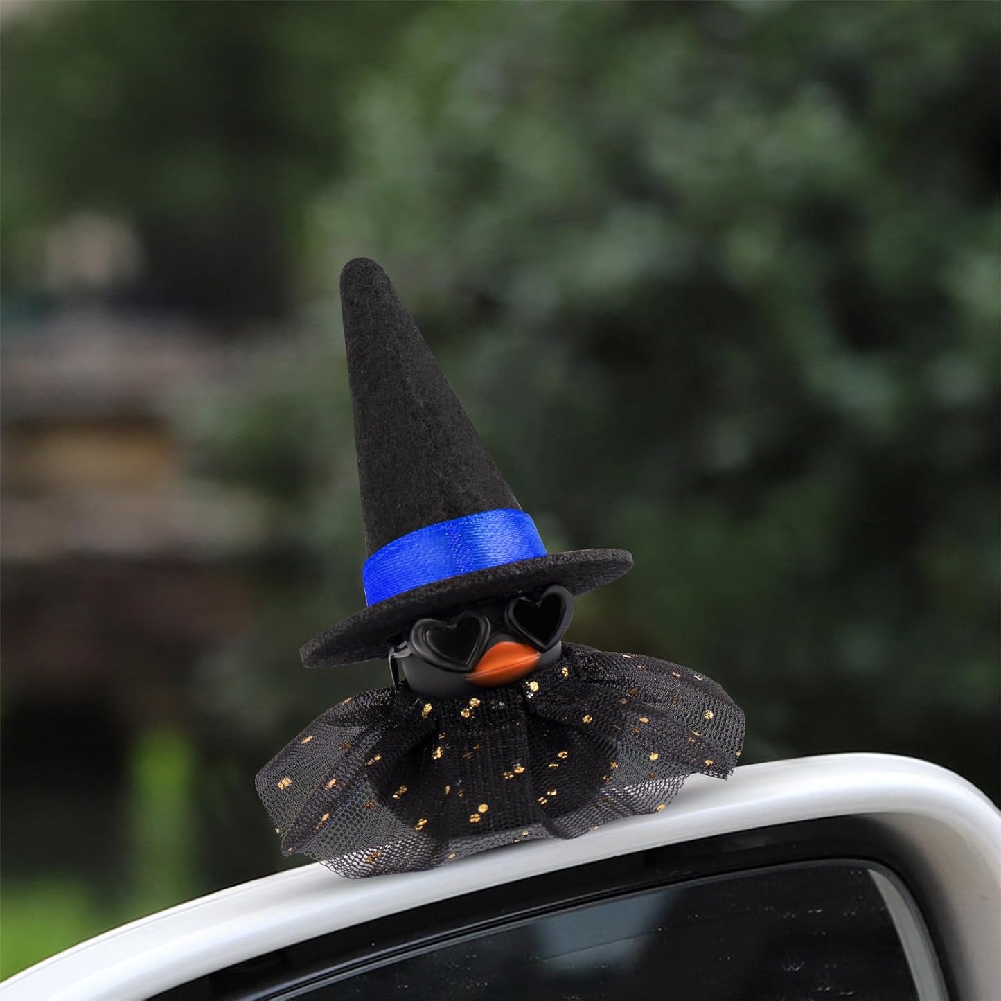 wonuu Car Dashboard Witch Black Rubber Ducks for Halloween, Decorations Duck for Office Desk Ornament Accessories with Hat Glasses Skirt, Blue