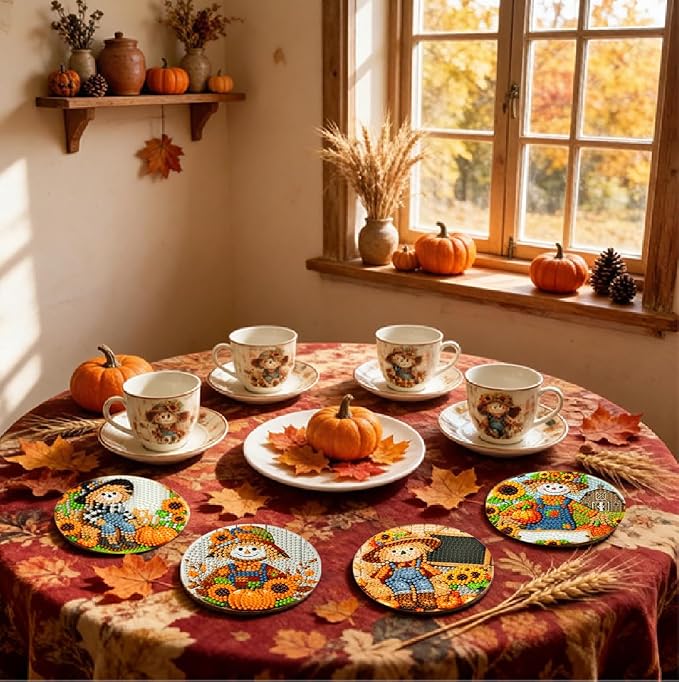 LWZAYS 8 Pcs 5D Autumn Scarecrow Diamond Art Coasters Kits