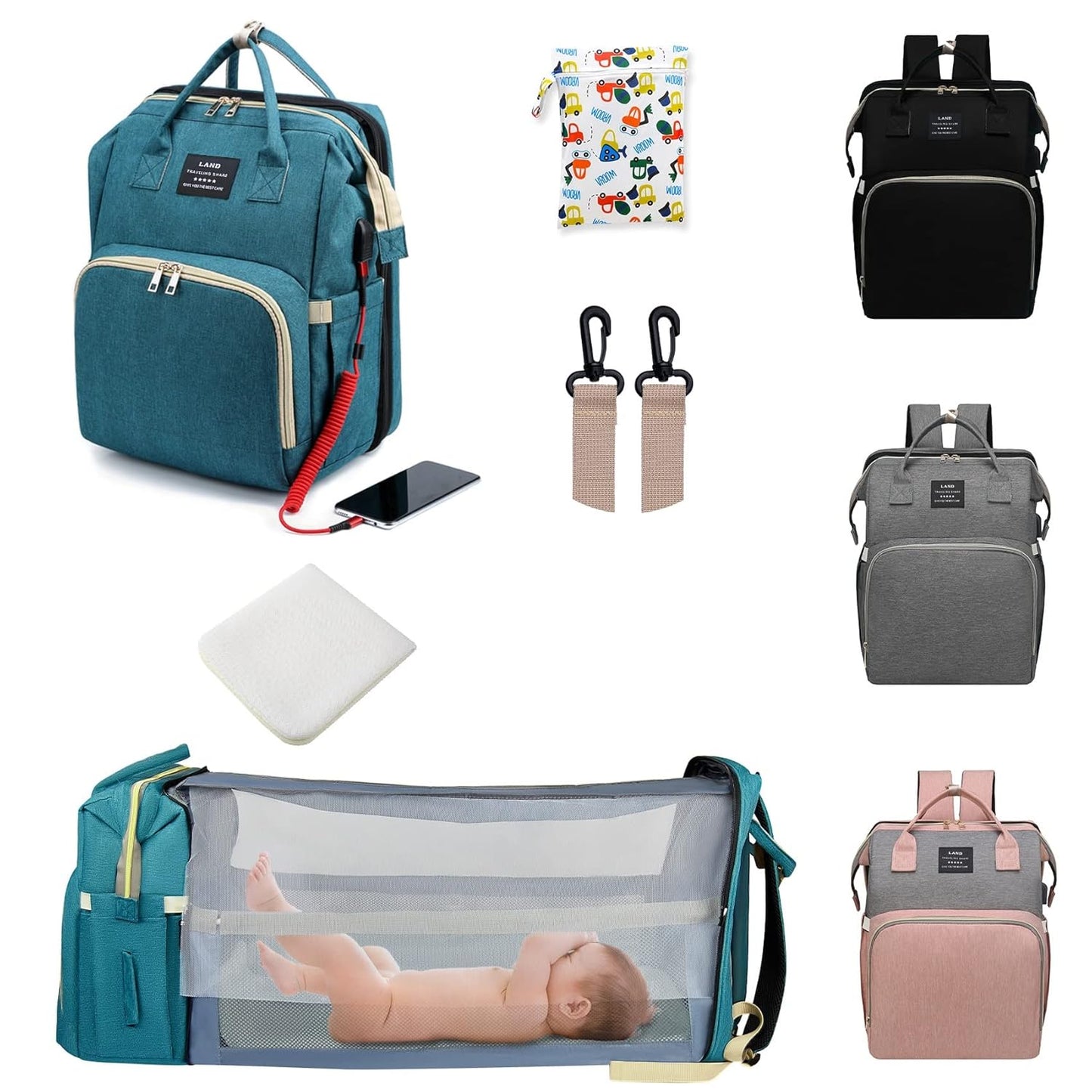 Diaper Bag with Changing Station,Diaper Bag Backpack，7 in 1 Travel Baby Diaper Bag,Mommy Bag With USB Charging Port (Green)