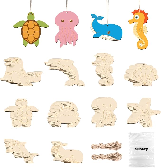 Subacy 80 PCS Unfinished Wood Cutouts 10 Styles DIY Wooden Ocean Ornaments