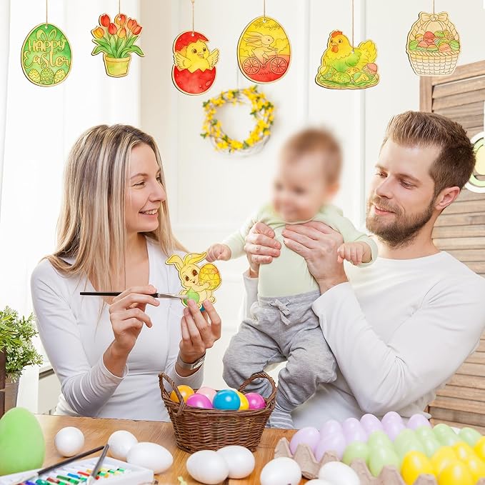 36PCS Wooden Easter Ornaments to Paint, 6 Styles DIY Blank Unfinished Wood Egg