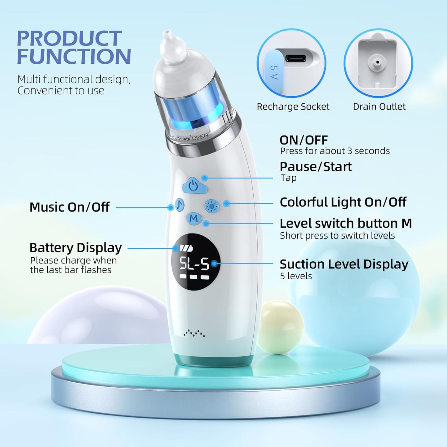 Nasal Aspirator for Baby with Light and Music, Electric Babies Nose Sucker with 3 Soft Silicone Tips, 5 Levels Suction Adjustment Nose Cleaner for Kids Girl Boy Adult Pets