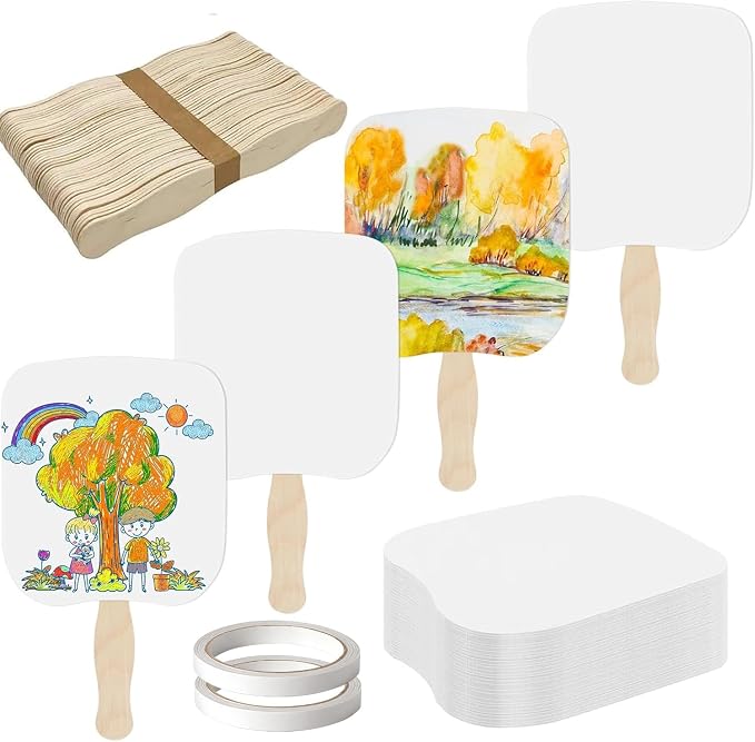 LOTMER 75 Pcs Church Fans Handheld Set, 50 Blank Cardstock Paper Fans